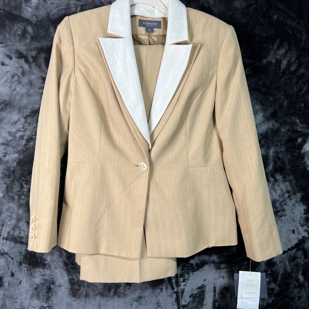 Liz‎ Claiborne Petite 10P 2-Piece Suit Champagne Pinstripe Blazer Pants NWT